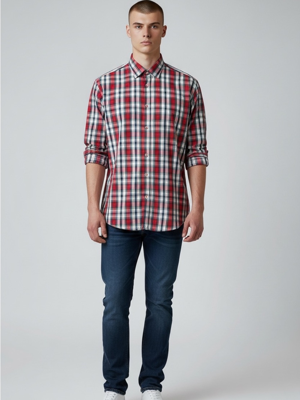 Linea Unmo Men’s Size Large Long Sleeve Plaid Button Down Shirt Red Blue Green